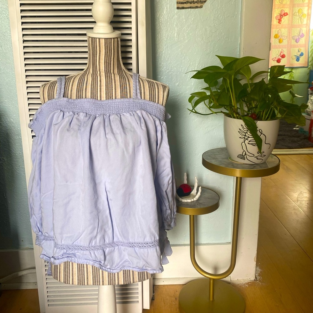 SOLD- Light wash Blue, off the shoulder blouse